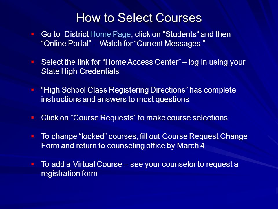 How to Select Courses  Go to District Home Page, click on Students and then Online Portal .