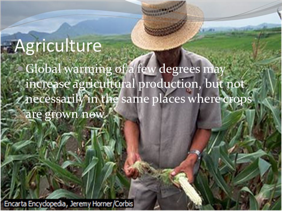 Agriculture Global warming of a few degrees may increase agricultural production, but not necessarily in the same places where crops are grown now.