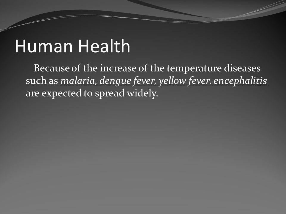 Human Health Because of the increase of the temperature diseases such as malaria, dengue fever, yellow fever, encephalitis are expected to spread widely.