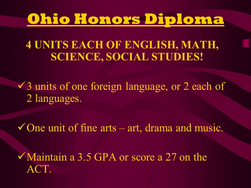 Ohio Honors Diploma 4 UNITS EACH OF ENGLISH, MATH, SCIENCE, SOCIAL STUDIES.