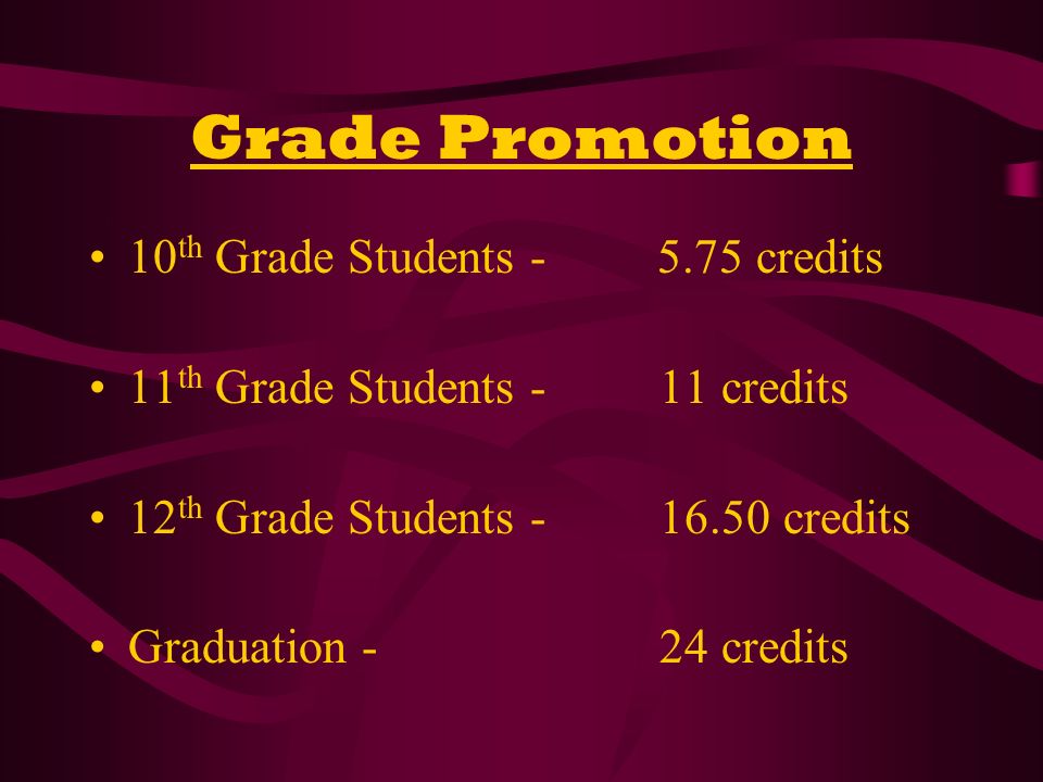 Grade Promotion 10 th Grade Students credits 11 th Grade Students - 11 credits 12 th Grade Students credits Graduation - 24 credits