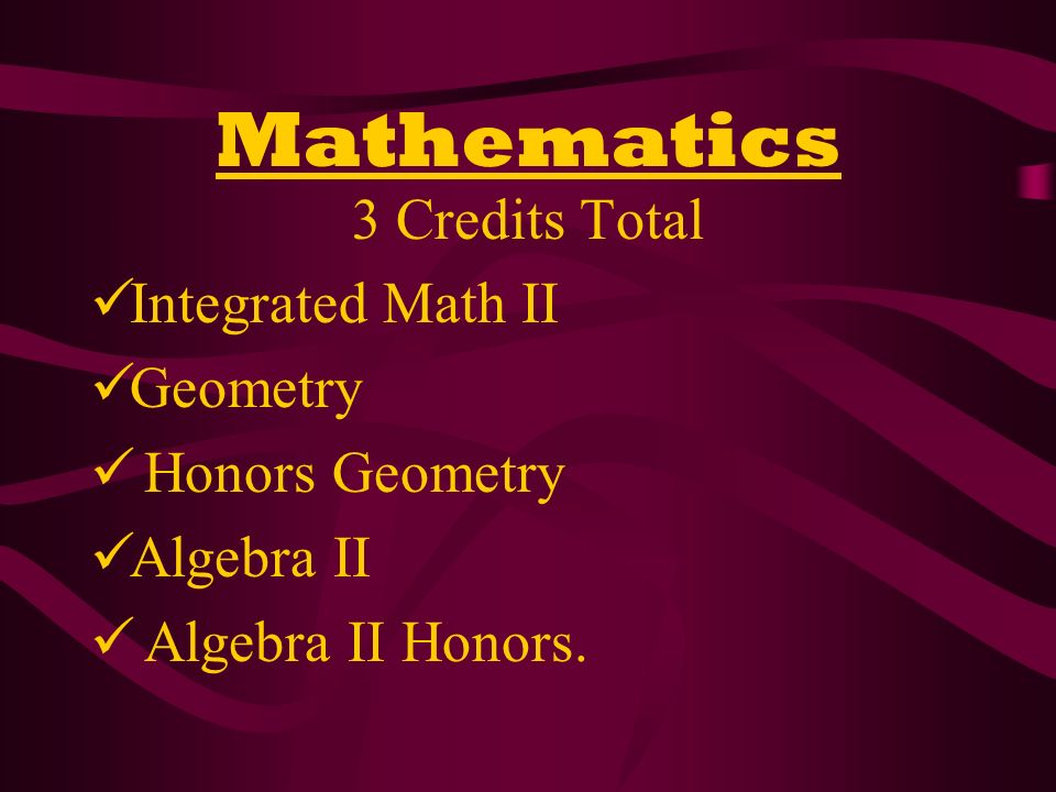 Mathematics 3 Credits Total Integrated Math II Geometry Honors Geometry Algebra II Algebra II Honors.