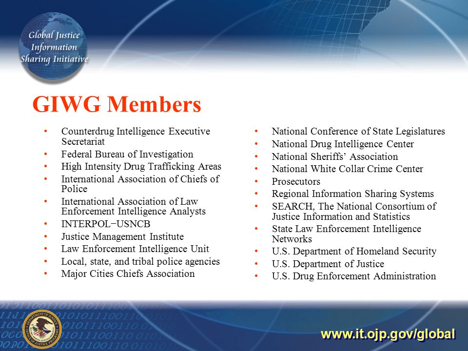 GIWG Members Counterdrug Intelligence Executive Secretariat Federal Bureau of Investigation High Intensity Drug Trafficking Areas International Association of Chiefs of Police International Association of Law Enforcement Intelligence Analysts INTERPOL−USNCB Justice Management Institute Law Enforcement Intelligence Unit Local, state, and tribal police agencies Major Cities Chiefs Association National Conference of State Legislatures National Drug Intelligence Center National Sheriffs’ Association National White Collar Crime Center Prosecutors Regional Information Sharing Systems SEARCH, The National Consortium of Justice Information and Statistics State Law Enforcement Intelligence Networks U.S.