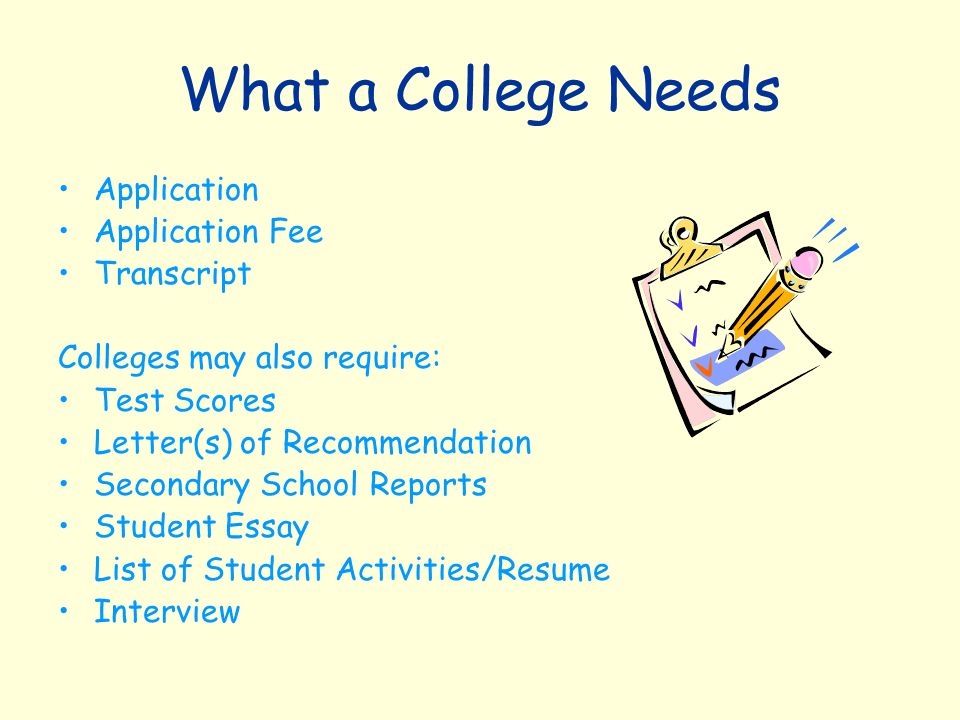 What a College Needs Application Application Fee Transcript Colleges may also require: Test Scores Letter(s) of Recommendation Secondary School Reports Student Essay List of Student Activities/Resume Interview