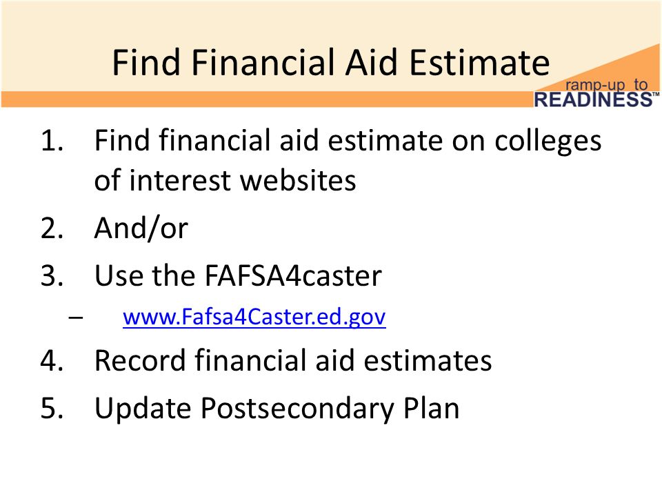 Find Financial Aid Estimate 1.Find financial aid estimate on colleges of interest websites 2.And/or 3.Use the FAFSA4caster – Record financial aid estimates 5.Update Postsecondary Plan
