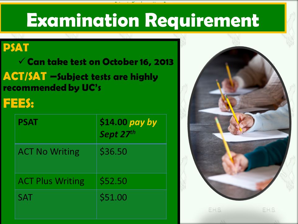 Examination Requirement PSAT Can take test on October 16, 2013 ACT/SAT – Subject tests are highly recommended by UC’s FEES: PSAT$14.00 pay by Sept 27 th ACT No Writing$36.50 ACT Plus Writing$52.50 SAT$51.00