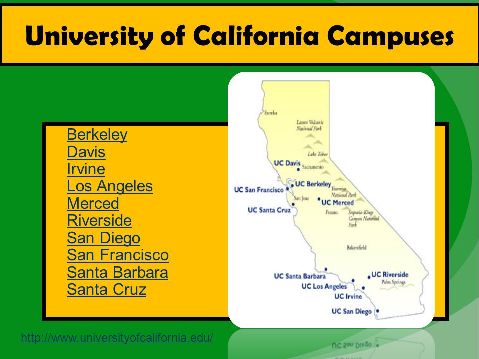 Berkeley Davis Irvine Los Angeles Merced Riverside San Diego San Francisco Santa Barbara Santa Cruz University of California Campuses