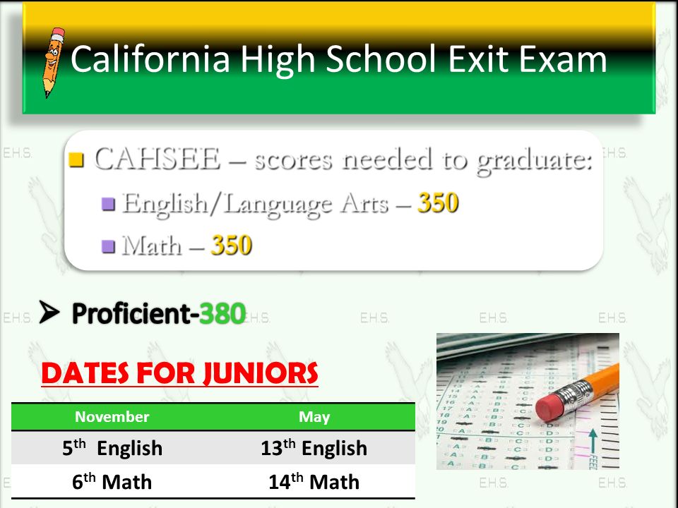 California High School Exit Exam DATES FOR JUNIORS NovemberMay 5 th English13 th English 6 th Math14 th Math