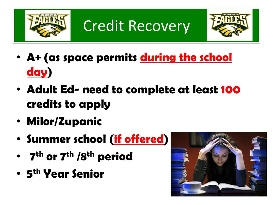 Credit Recovery A+ (as space permits during the school day) Adult Ed- need to complete at least 100 credits to apply Milor/Zupanic Summer school (if offered) 7 th or 7 th /8 th period 5 th Year Senior