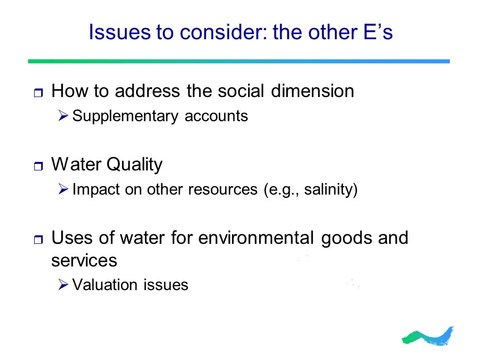 Issues to consider: the other E’s  How to address the social dimension  Supplementary accounts  Water Quality  Impact on other resources (e.g., salinity)  Uses of water for environmental goods and services  Valuation issues