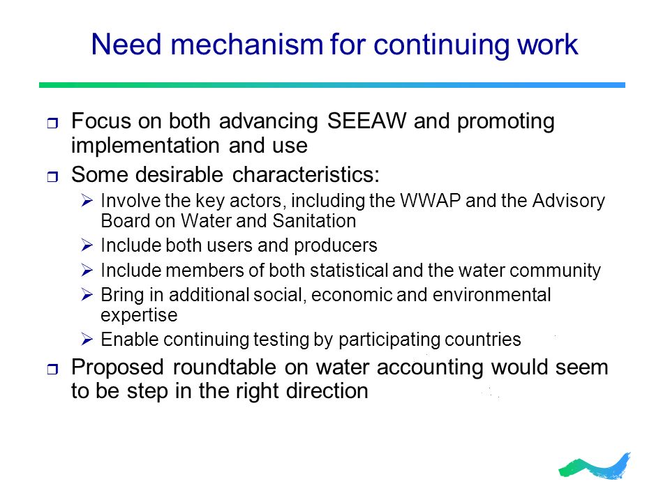 Need mechanism for continuing work  Focus on both advancing SEEAW and promoting implementation and use  Some desirable characteristics:  Involve the key actors, including the WWAP and the Advisory Board on Water and Sanitation  Include both users and producers  Include members of both statistical and the water community  Bring in additional social, economic and environmental expertise  Enable continuing testing by participating countries  Proposed roundtable on water accounting would seem to be step in the right direction