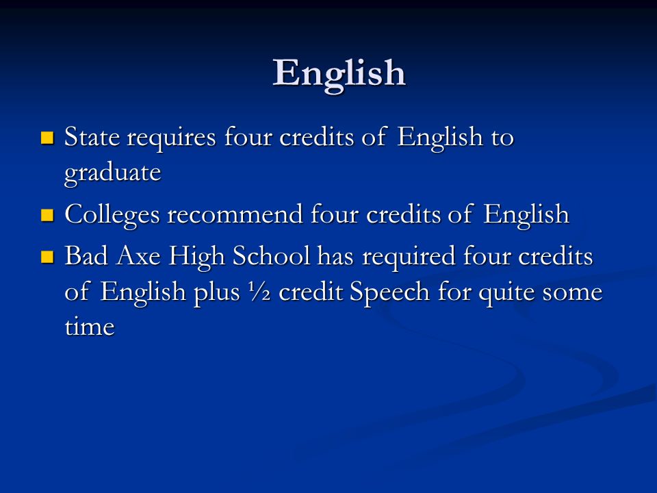 English State requires four credits of English to graduate State requires four credits of English to graduate Colleges recommend four credits of English Colleges recommend four credits of English Bad Axe High School has required four credits of English plus ½ credit Speech for quite some time Bad Axe High School has required four credits of English plus ½ credit Speech for quite some time