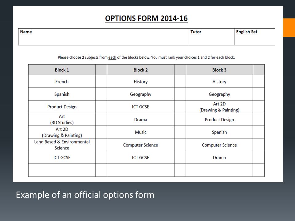 Example of an official options form