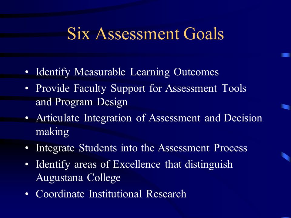 Six Assessment Goals Identify Measurable Learning Outcomes Provide Faculty Support for Assessment Tools and Program Design Articulate Integration of Assessment and Decision making Integrate Students into the Assessment Process Identify areas of Excellence that distinguish Augustana College Coordinate Institutional Research