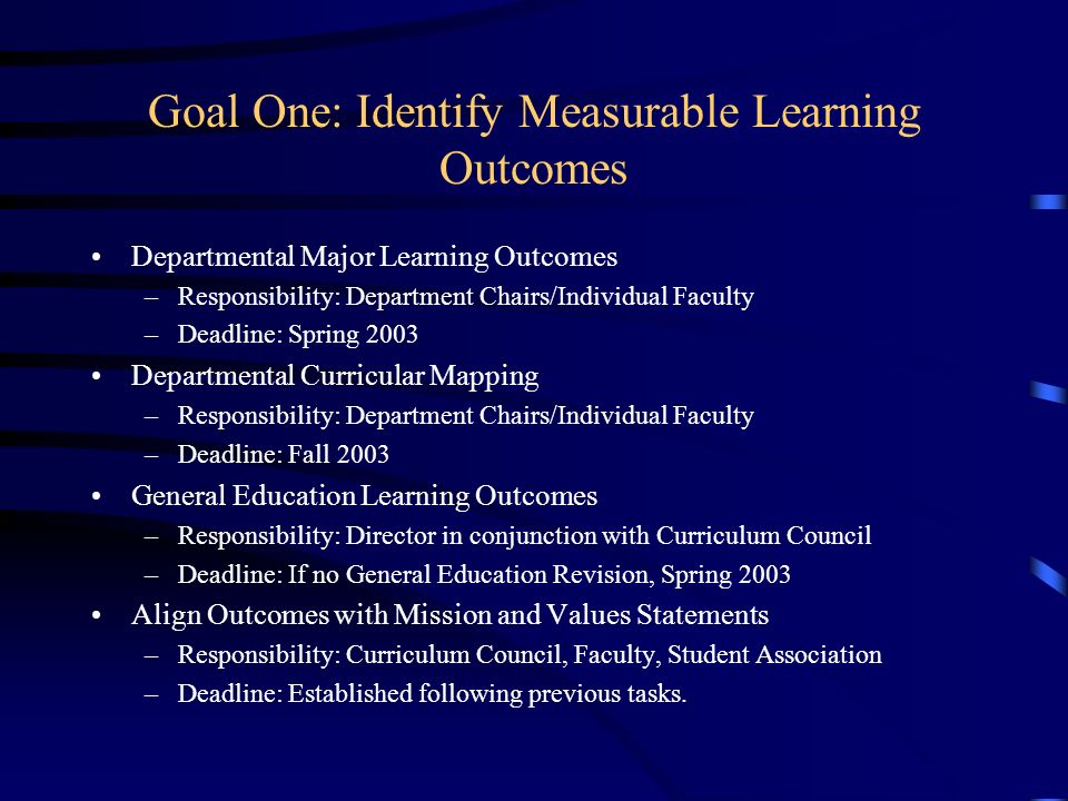 Goal One: Identify Measurable Learning Outcomes Departmental Major Learning Outcomes –Responsibility: Department Chairs/Individual Faculty –Deadline: Spring 2003 Departmental Curricular Mapping –Responsibility: Department Chairs/Individual Faculty –Deadline: Fall 2003 General Education Learning Outcomes –Responsibility: Director in conjunction with Curriculum Council –Deadline: If no General Education Revision, Spring 2003 Align Outcomes with Mission and Values Statements –Responsibility: Curriculum Council, Faculty, Student Association –Deadline: Established following previous tasks.