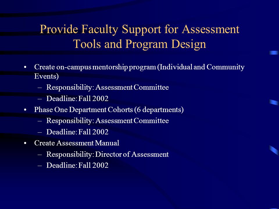 Provide Faculty Support for Assessment Tools and Program Design Create on-campus mentorship program (Individual and Community Events) –Responsibility: Assessment Committee –Deadline: Fall 2002 Phase One Department Cohorts (6 departments) –Responsibility: Assessment Committee –Deadline: Fall 2002 Create Assessment Manual –Responsibility: Director of Assessment –Deadline: Fall 2002