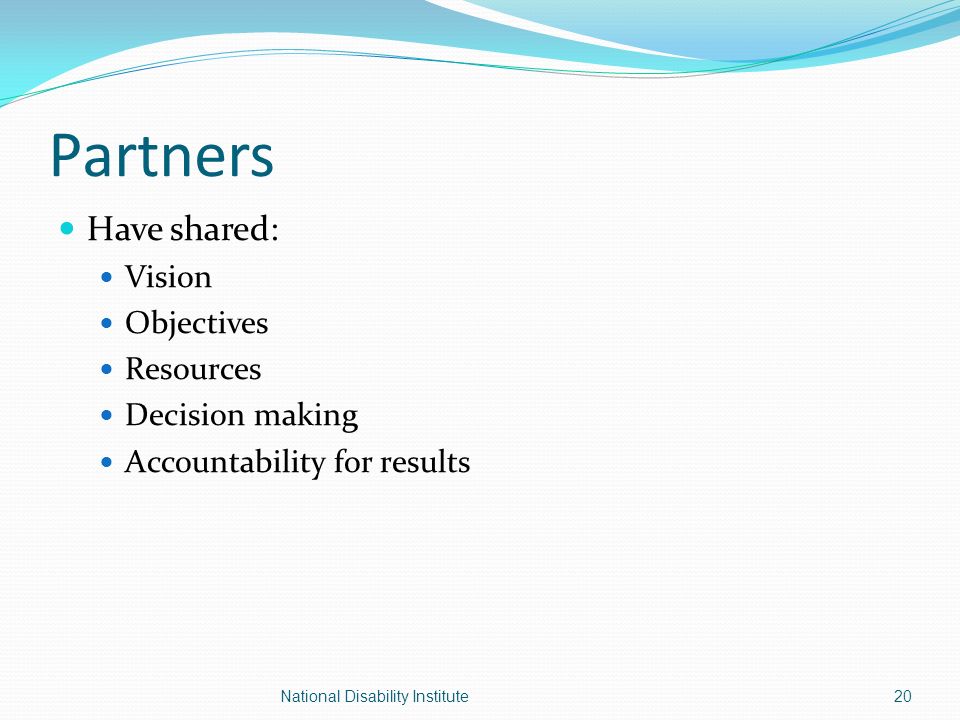 Partners Have shared: Vision Objectives Resources Decision making Accountability for results 20National Disability Institute