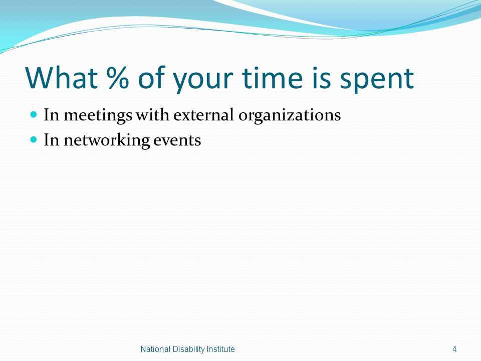 What % of your time is spent In meetings with external organizations In networking events 4National Disability Institute