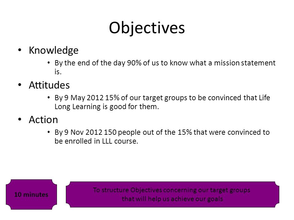 Objectives Knowledge By the end of the day 90% of us to know what a mission statement is.