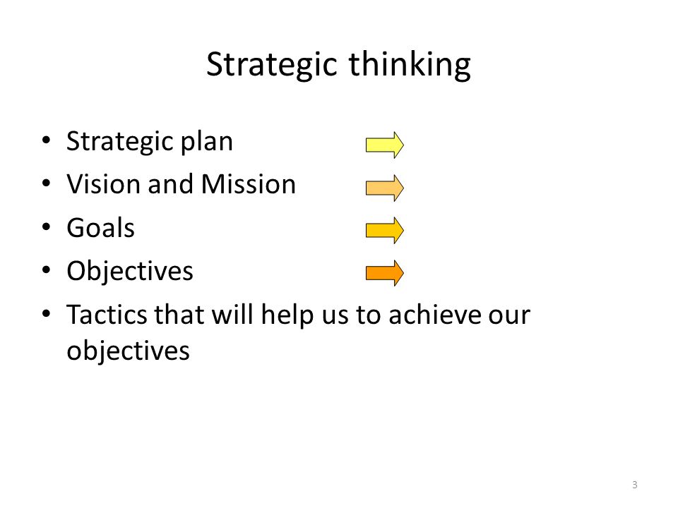 3 Strategic thinking Strategic plan Vision and Mission Goals Objectives Tactics that will help us to achieve our objectives