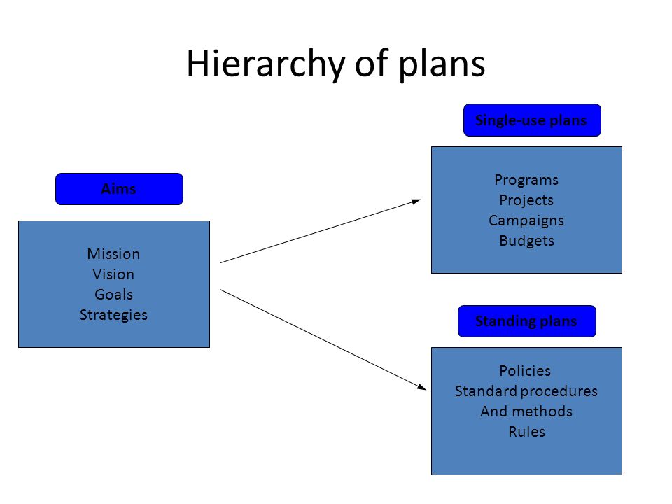 Hierarchy of plans Mission Vision Goals Strategies Programs Projects Campaigns Budgets Policies Standard procedures And methods Rules Aims Single-use plans Standing plans