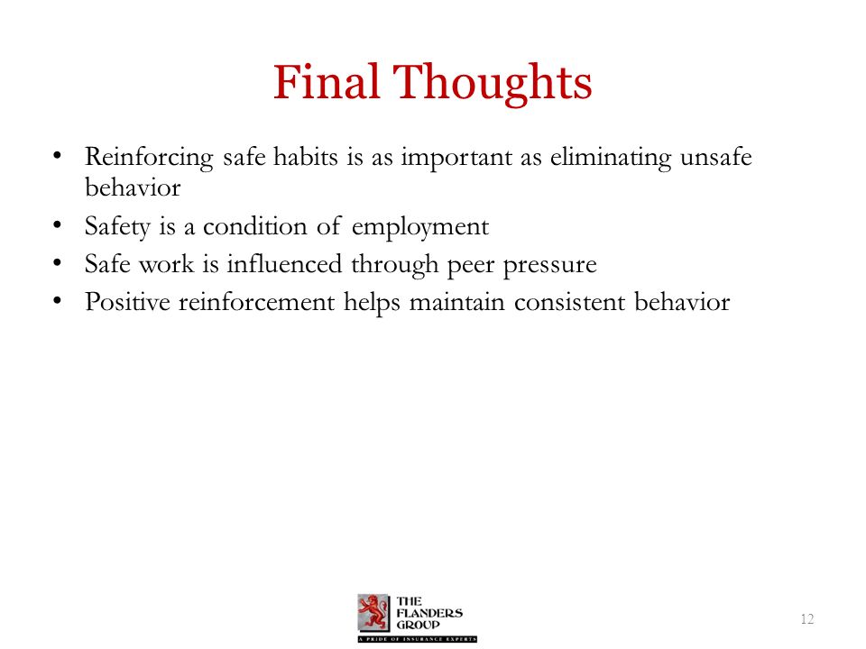 Final Thoughts Reinforcing safe habits is as important as eliminating unsafe behavior Safety is a condition of employment Safe work is influenced through peer pressure Positive reinforcement helps maintain consistent behavior 12