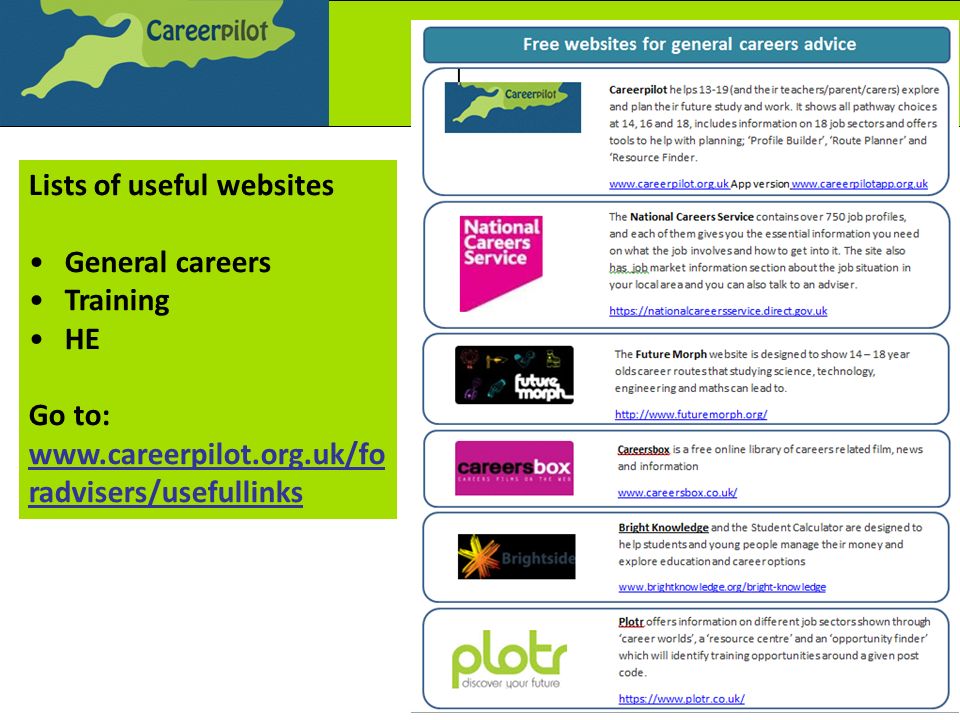 Lists of useful websites General careers Training HE Go to:   radvisers/usefullinks