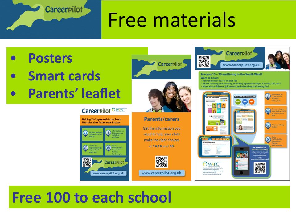 Posters Smart cards Parents’ leaflet Free materials Free 100 to each school