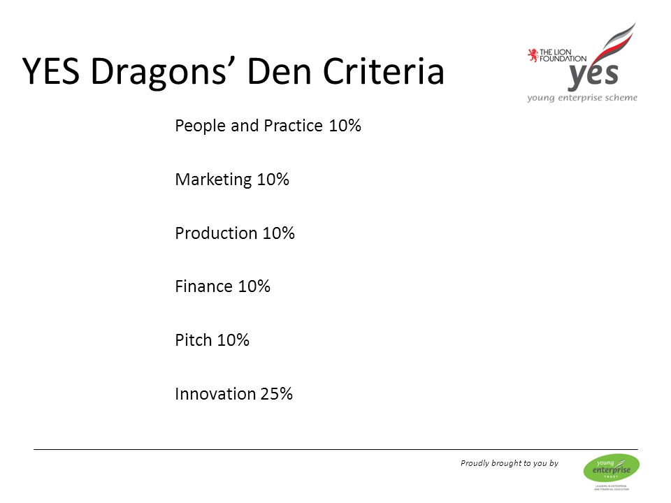 Proudly brought to you by YES Dragons’ Den Criteria People and Practice 10% Marketing 10% Production 10% Finance 10% Pitch 10% Innovation 25%