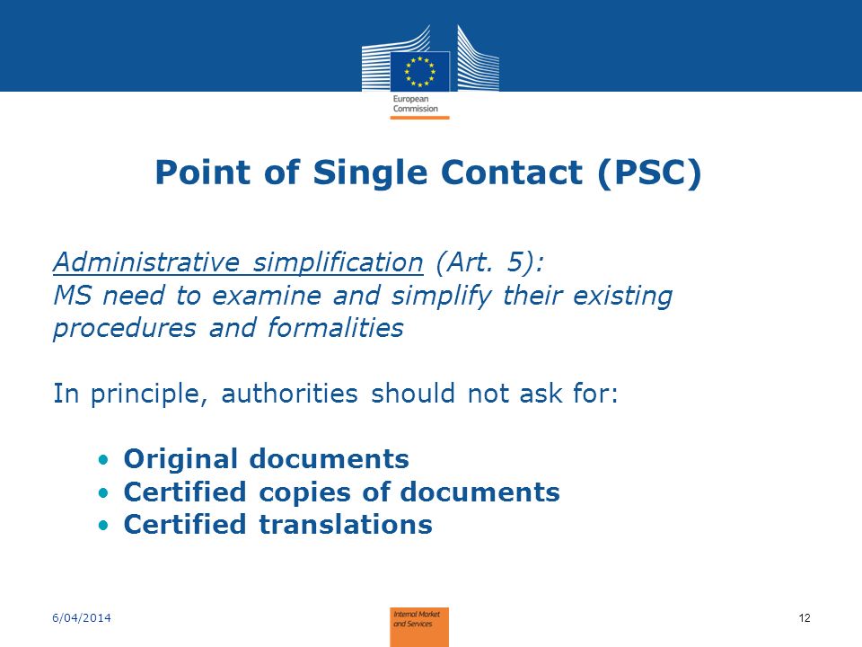 Point of Single Contact (PSC) Administrative simplification (Art.