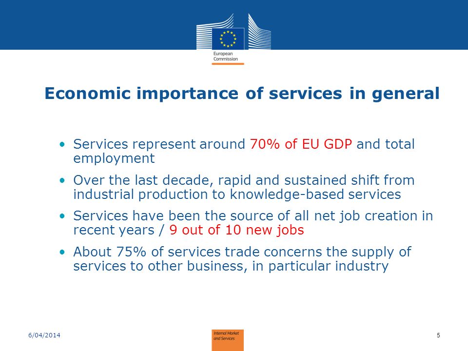 Economic importance of services in general Services represent around 70% of EU GDP and total employment Over the last decade, rapid and sustained shift from industrial production to knowledge-based services Services have been the source of all net job creation in recent years / 9 out of 10 new jobs About 75% of services trade concerns the supply of services to other business, in particular industry 6/04/2014 5