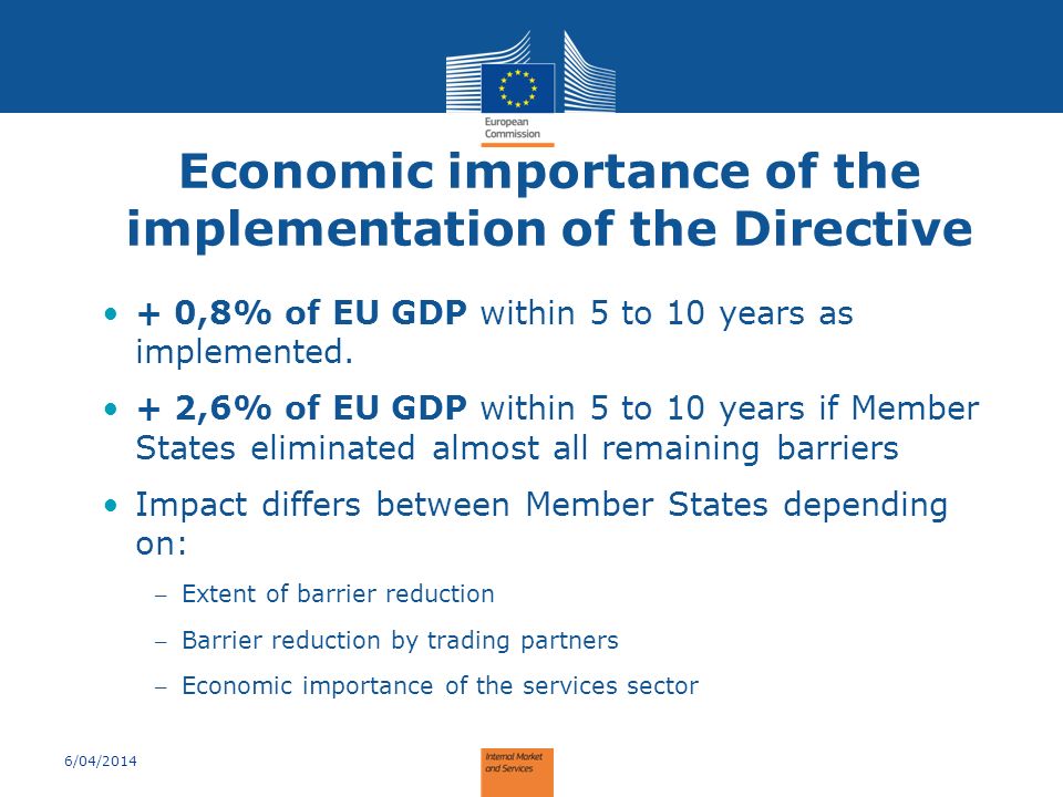 Economic importance of the implementation of the Directive + 0,8% of EU GDP within 5 to 10 years as implemented.