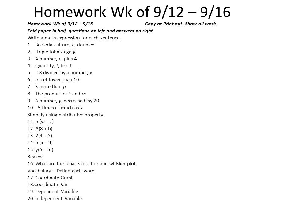 Translate Words Into Math Worksheet Answers Homework Wk Of 9 12 16copy Or Print Out Show All