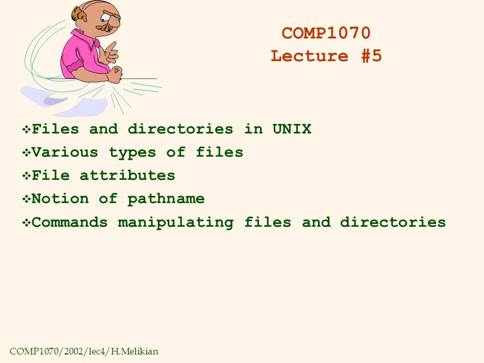 COMP1070/2002/lec4/H.Melikian COMP1070 Lecture #5  Files and directories in UNIX  Various types of files  File attributes  Notion of pathname  Commands manipulating files and directories