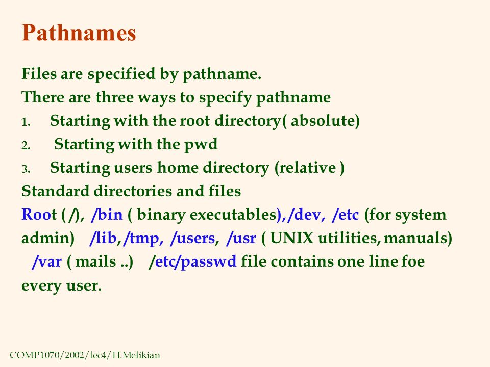 COMP1070/2002/lec4/H.Melikian Pathnames Files are specified by pathname.