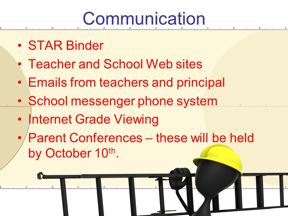 Communication STAR Binder Teacher and School Web sites  s from teachers and principal School messenger phone system Internet Grade Viewing Parent Conferences – these will be held by October 10 th.