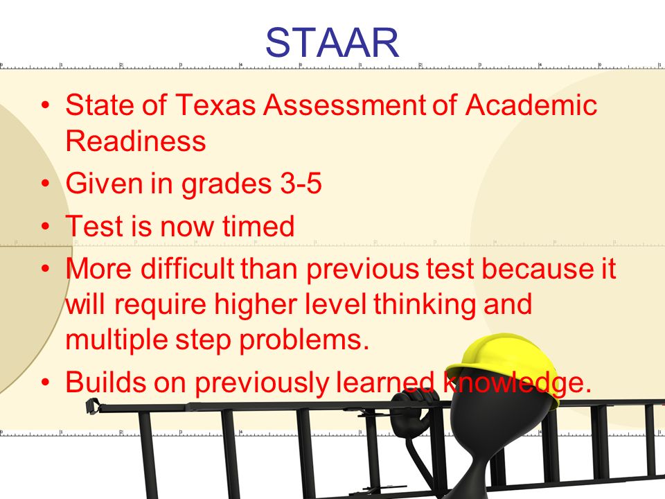 STAAR State of Texas Assessment of Academic Readiness Given in grades 3-5 Test is now timed More difficult than previous test because it will require higher level thinking and multiple step problems.
