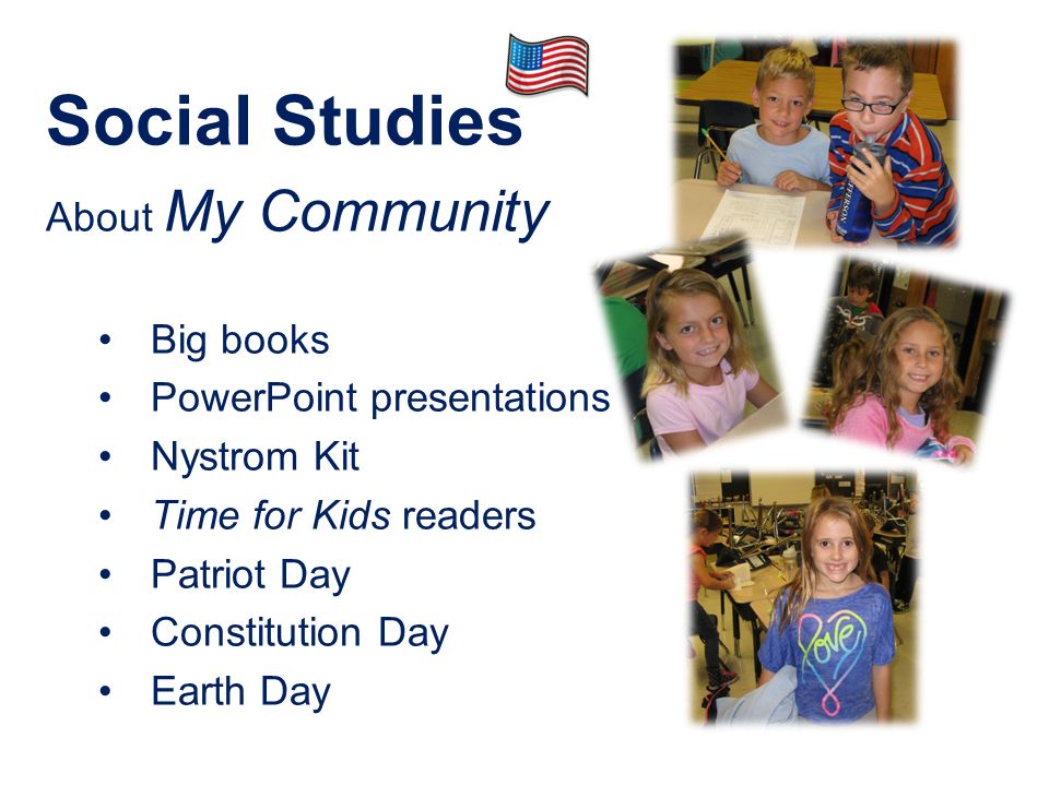 Social Studies About My Community Big books PowerPoint presentations Nystrom Kit Time for Kids readers Patriot Day Constitution Day Earth Day