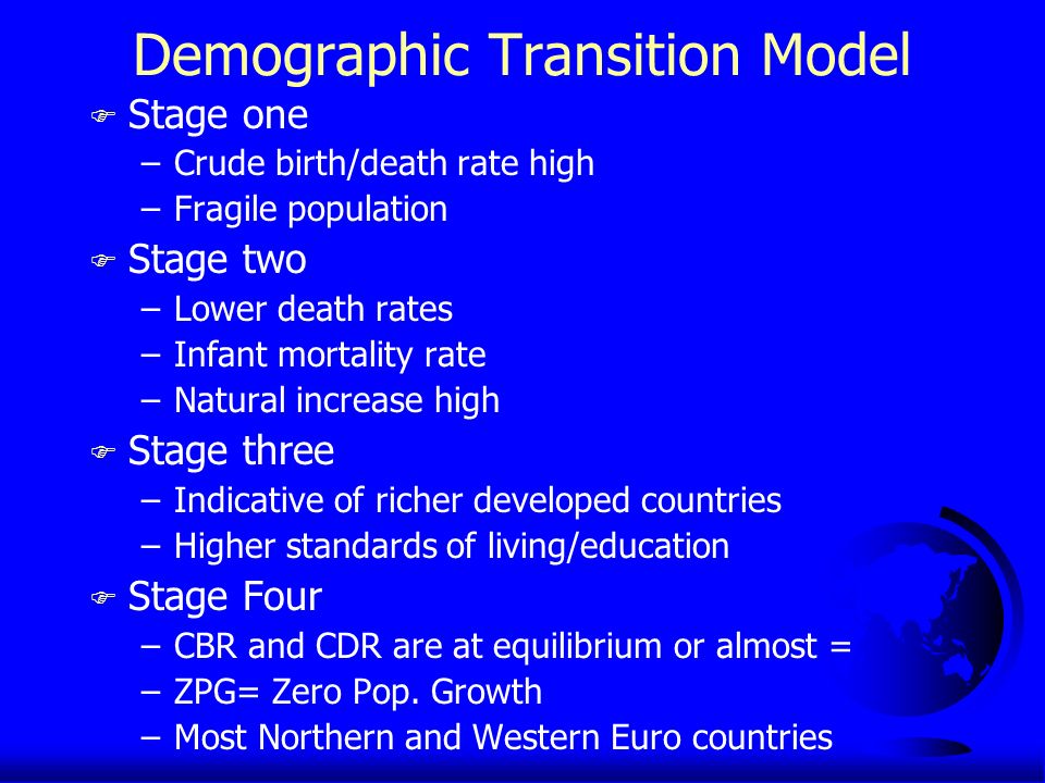 Demographic Transition Model F Stage one –Crude birth/death rate high –Fragile population F Stage two –Lower death rates –Infant mortality rate –Natural increase high F Stage three –Indicative of richer developed countries –Higher standards of living/education F Stage Four –CBR and CDR are at equilibrium or almost = –ZPG= Zero Pop.