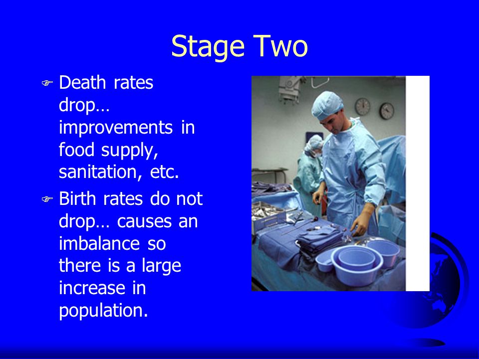 Stage Two F Death rates drop… improvements in food supply, sanitation, etc.