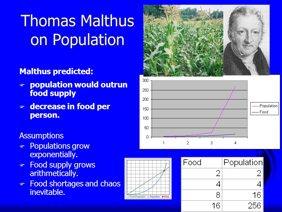 Thomas Malthus on Population Malthus predicted: F population would outrun food supply F decrease in food per person.