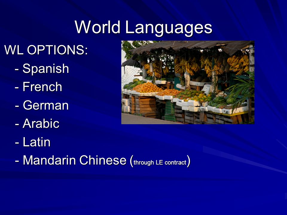 World Languages WL OPTIONS: - Spanish - Spanish - French - French - German - Arabic - Latin - Mandarin Chinese ( through LE contract )