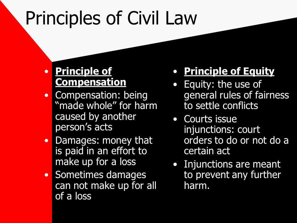 Principles of Civil Law Principle of Compensation Compensation: being made whole for harm caused by another person’s acts Damages: money that is paid in an effort to make up for a loss Sometimes damages can not make up for all of a loss Principle of Equity Equity: the use of general rules of fairness to settle conflicts Courts issue injunctions: court orders to do or not do a certain act Injunctions are meant to prevent any further harm.