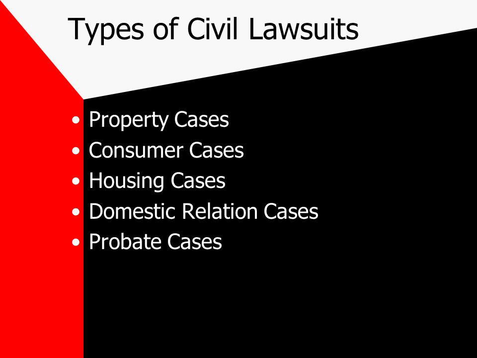 Types of Civil Lawsuits Property Cases Consumer Cases Housing Cases Domestic Relation Cases Probate Cases