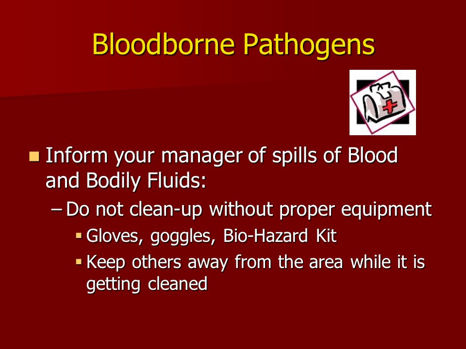 Bloodborne Pathogens Inform your manager of spills of Blood and Bodily Fluids: Inform your manager of spills of Blood and Bodily Fluids: –Do not clean-up without proper equipment  Gloves, goggles, Bio-Hazard Kit  Keep others away from the area while it is getting cleaned