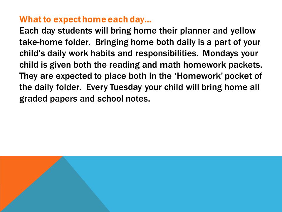 What to expect home each day… Each day students will bring home their planner and yellow take-home folder.