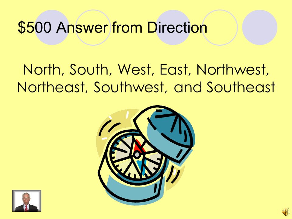 $500 Question from Direction Name all 8 of the directions on a compass rose.