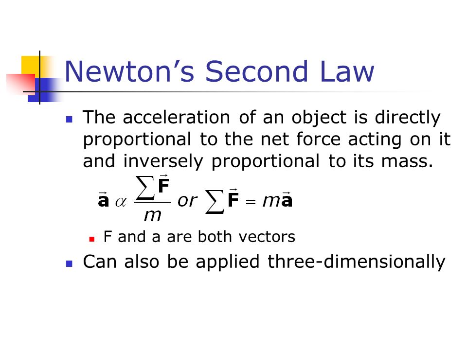 Newton’s Second Law The acceleration of an object is directly proportional to the net force acting on it and inversely proportional to its mass.