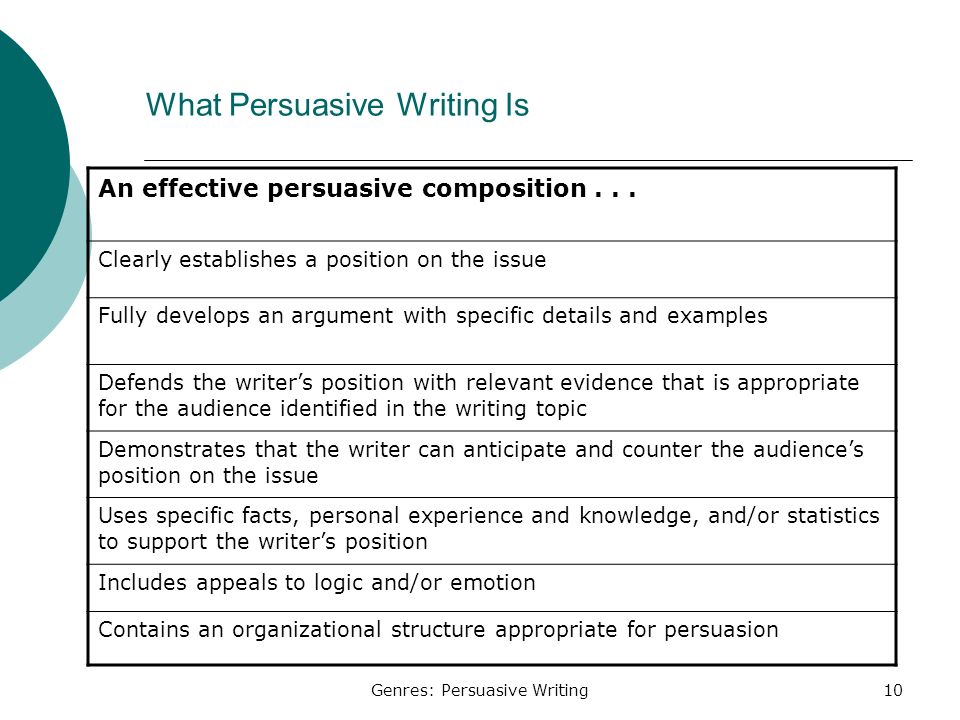 Genres: Persuasive Writing10 What Persuasive Writing Is An effective persuasive composition...