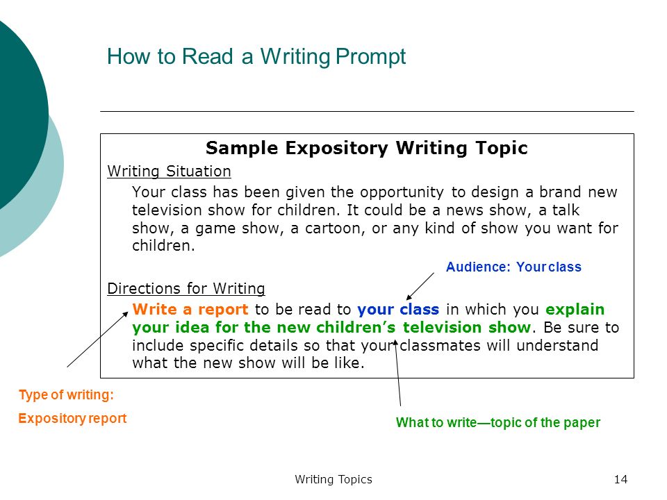 Writing Topics14 How to Read a Writing Prompt Sample Expository Writing Topic Writing Situation Your class has been given the opportunity to design a brand new television show for children.